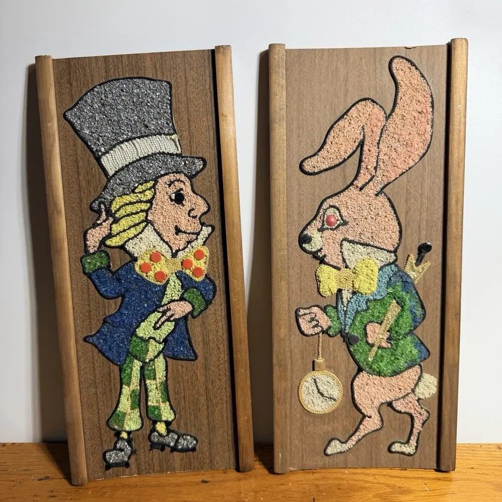 Set Vtg Gravel Art Alice Wonderland White Rabbit Mad Hatter Pictures 17